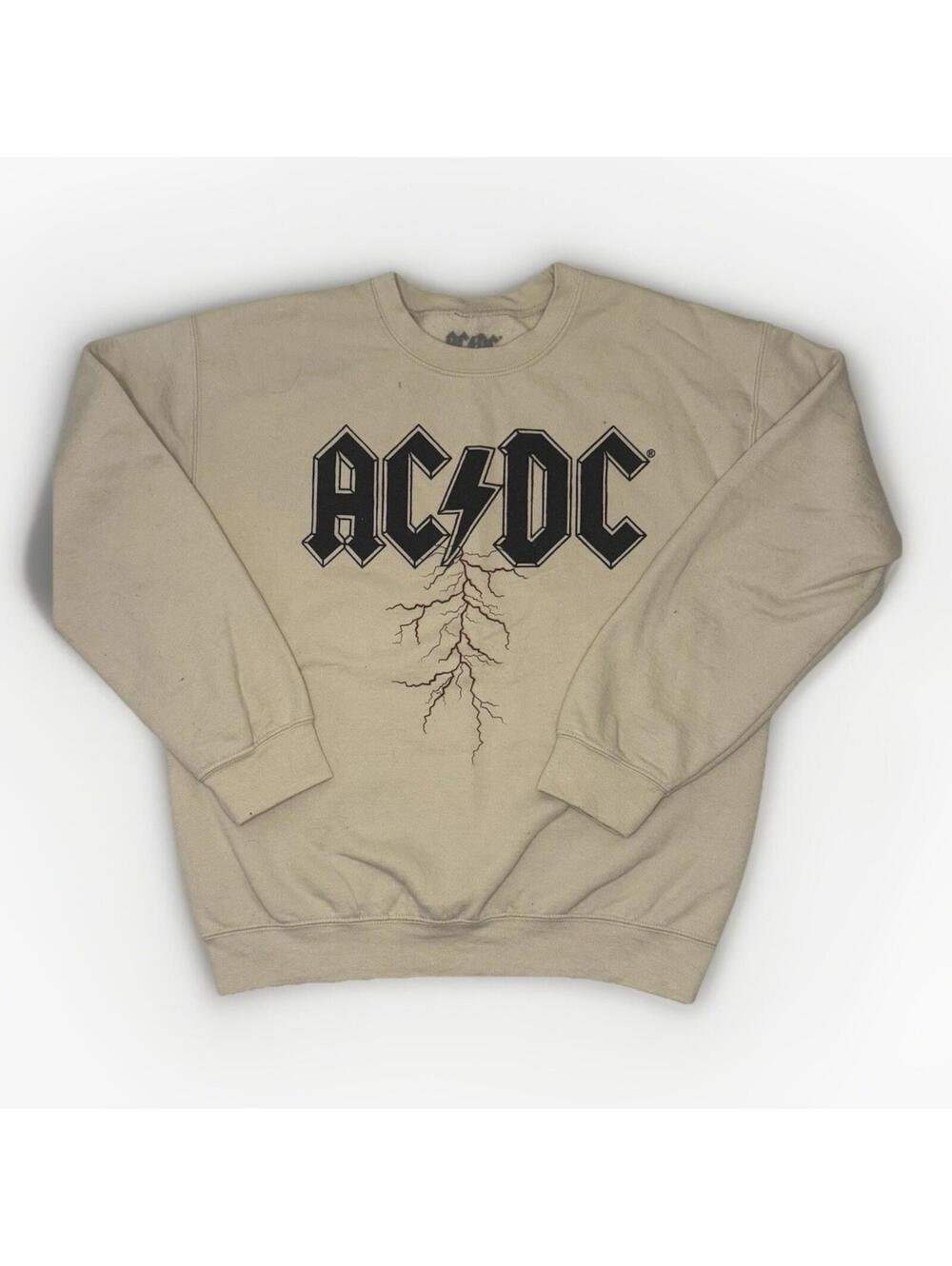 AC/DC Graphic Sweatshirt Mens M Tan Lightning Bolt Band Pullover Rock Metal